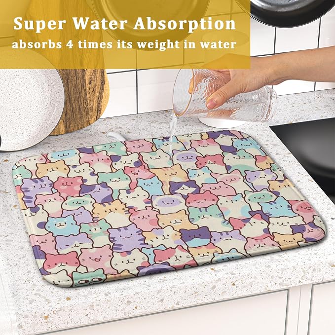 Colorful Cats Dish Drying Mat 16x18 inch Cute Animal Microfiber Reversible Fast - Image 7