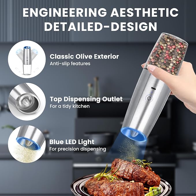 UNNEES Rechargeable Electric Salt and Pepper Grinder set of 2, gravity electric - Image 4