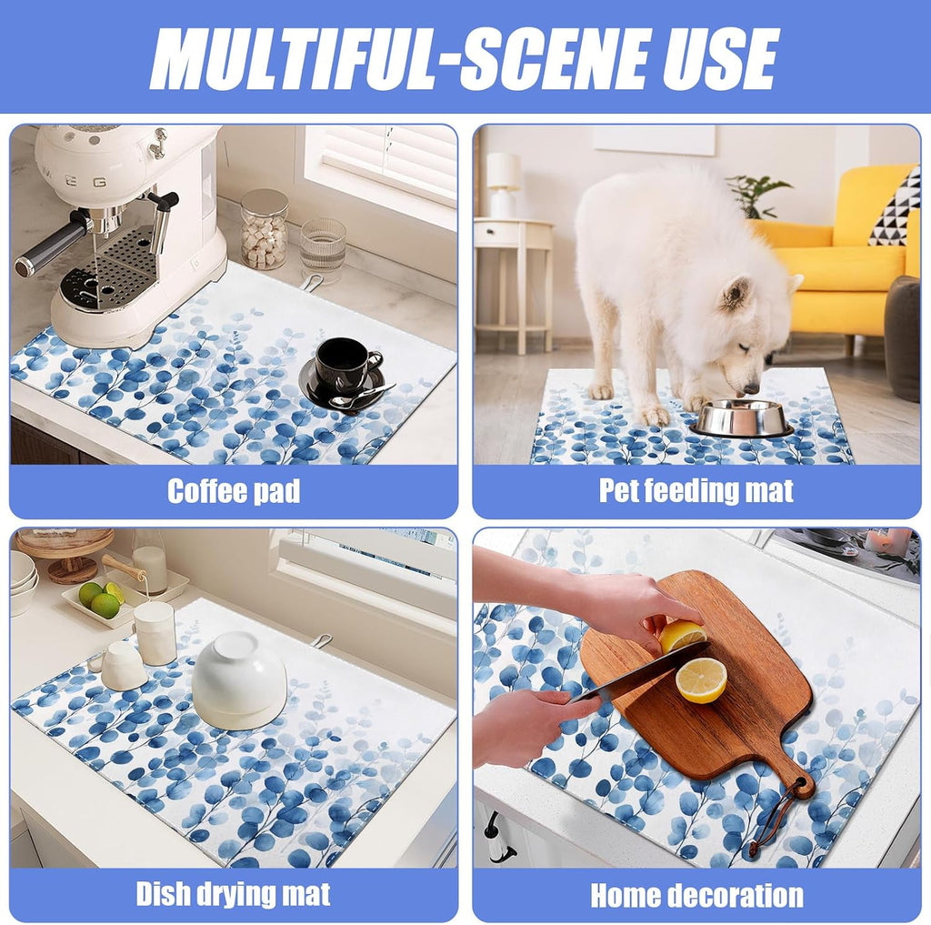 Blue Eucalyptus Leaves Dish Drying Mat for Kitchen Counter Drying Pad