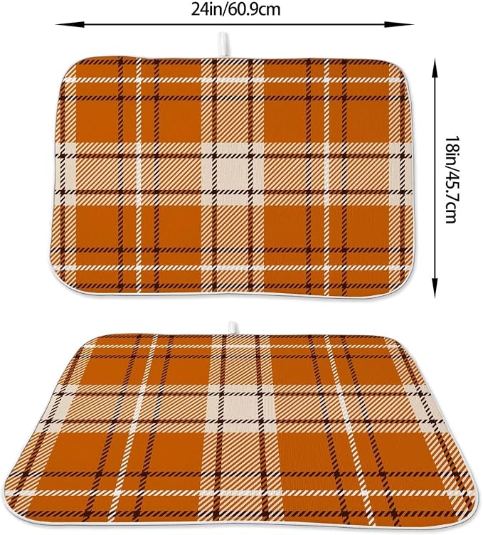 Fall Dish Drying Mat 18 x 24 inch Autumn Orange Buffalo Plaid Themed Decorative - Image 2