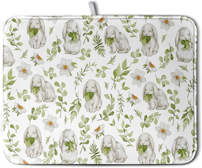 Easter Bunny Floral Drying Mat for Kitchen Counter Spring Easter Rabbits Green by Kwlegh