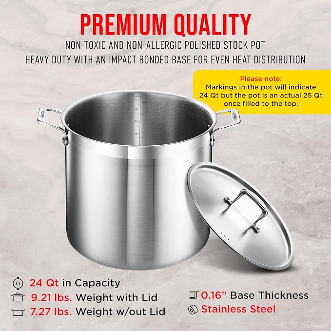 Stainless Steel Stockpot with Lid 24 Quart, Durable 18/8 Stainless Steel - Image 6