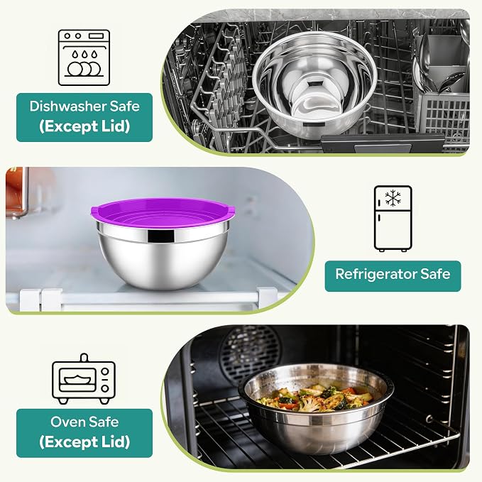 E-far Mixing Bowls With Lids Sets of 5, 10-Piece Stainless Steel Salad Metal - Image 7