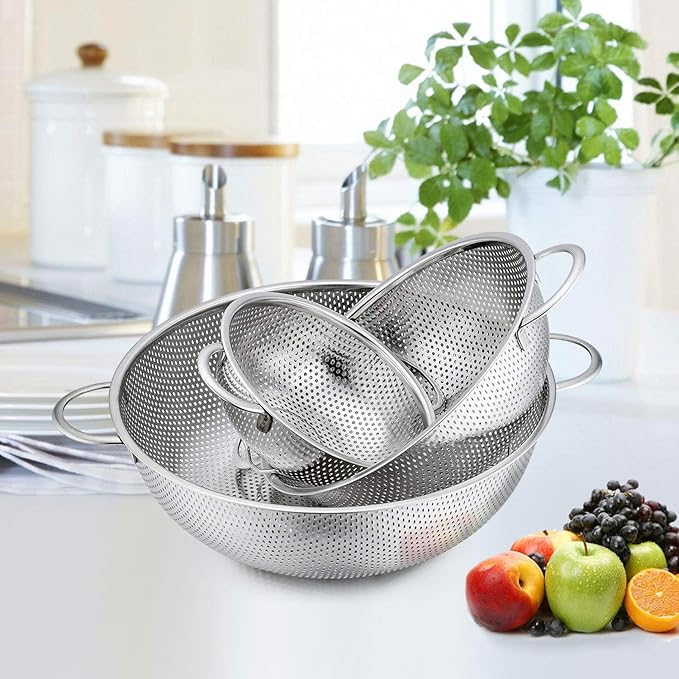 P&P CHEF Colander Set of 3, Stainless Steel Micro-Perforated Colanders Strainers - Image 2