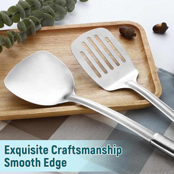 Pleafind 2-Pcs Solid & Slotted Spatula Set, 304 Stainless Steel Spatula - Image 3