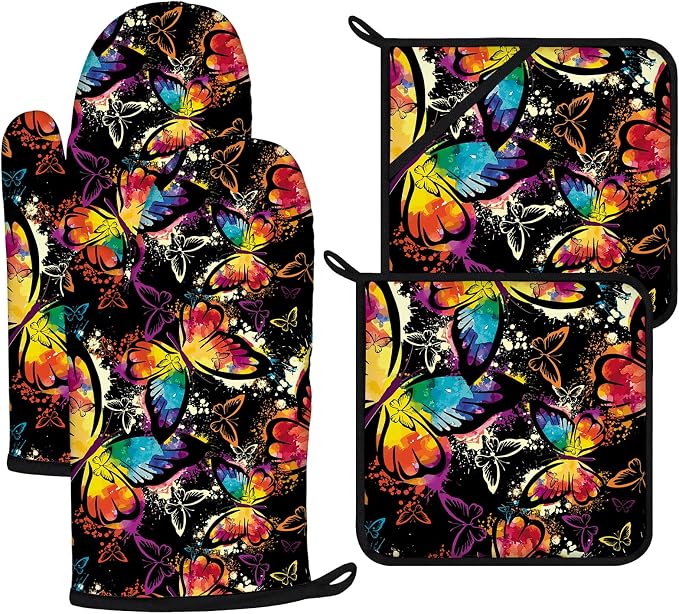 Colorful Butterfly Oven Mitts and Pot Holders Sets 4Pcs, Extra Long Oven Gloves by VisittheDuibelproduct