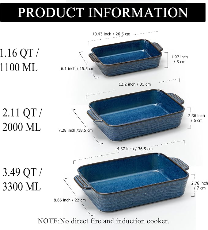 Kiln-Transformed Blue Ceramic Baking Dish Set of 3, Casserole Dishes - Image 2