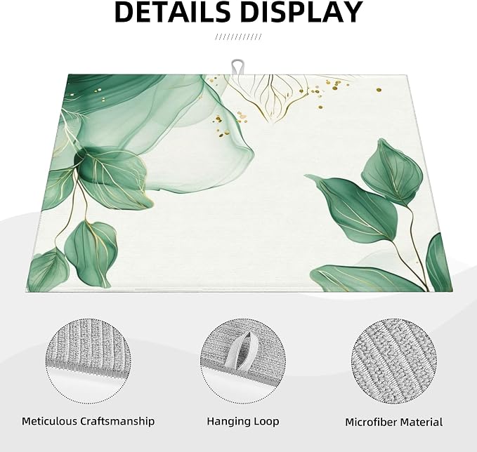 Watercolor Green Palm Leaves Dish Drying Mat 18x24 Inch, Microfiber Absorbent - Image 3
