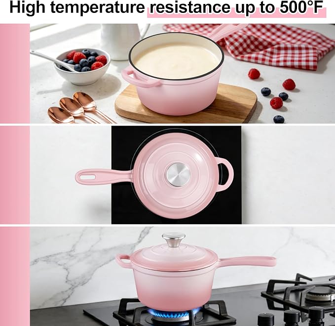 1 Quart Sauce Pan with Lid, Leonyo Small Cooking Pots, Enameled Cast Iron - Image 4