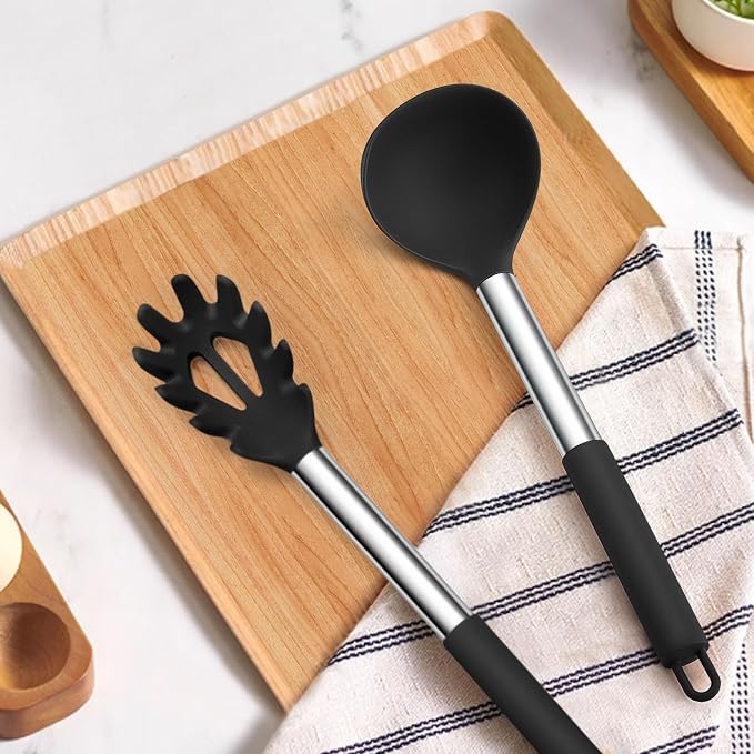 TeamFar Silicone Pasta Fork and Ladle Spoon Set, Serving Soup, Healthy & - Image 7
