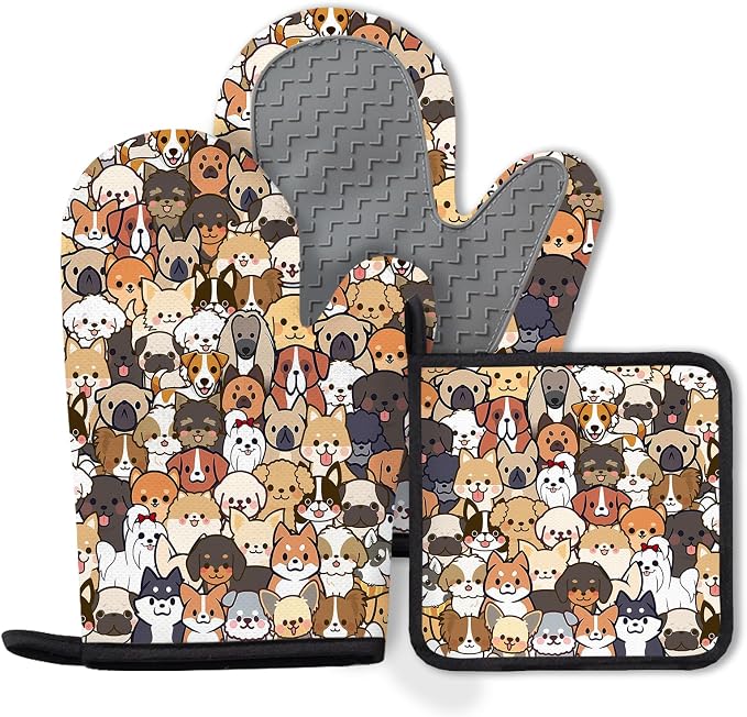Dog Silicone Oven Mitts and Pot Holders 3Pcs, Cute Dog Silicone Oven Mitts by Unknown