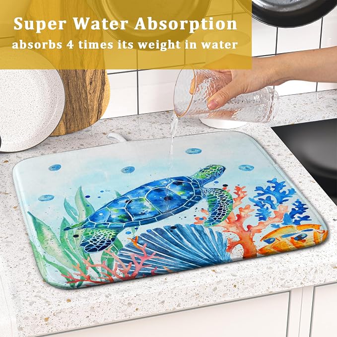 Giwawa Sea Turtle Dish Drying Mat 16x18in Watercolor Blue Tortoise Dish Drainer - Image 7