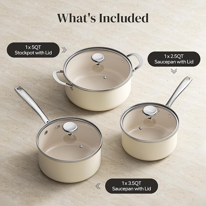 Redchef Cooking Pot Set Induction 5Qt, Saucepan Set 2.5/3.5Qt Nonstick Ceramic - Image 9