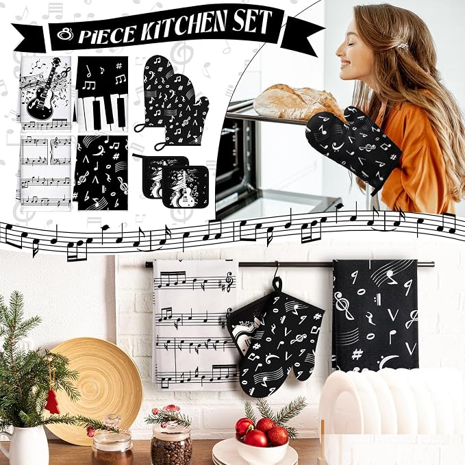 Leinuosen 8 Pcs Music Note Kitchen Decor Accessories Set Farmhouse Towels Oven - Image 2