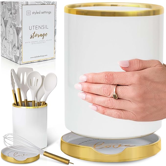 White Utensil Holder with Built-In Ceramic Spoon Rest by STYLEDSETTINGS