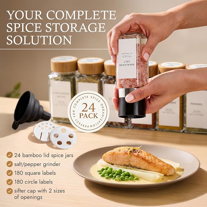 Glass Spice Jars with 360 Labels -24 pcs- 4oz- Spice Containers with Bamboo - Image 2