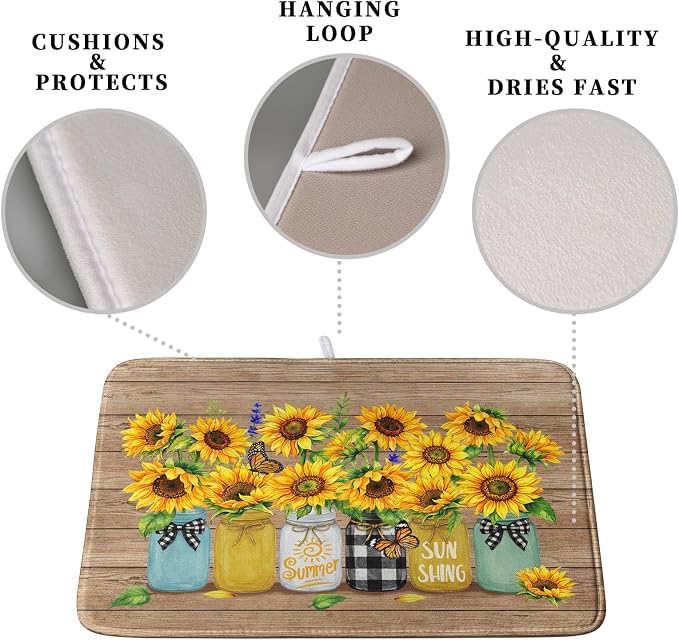 Sunflower Dish Drying Mat for Kitchen 18x24 Inch Counter Rustic Vintage Floral - Image 3