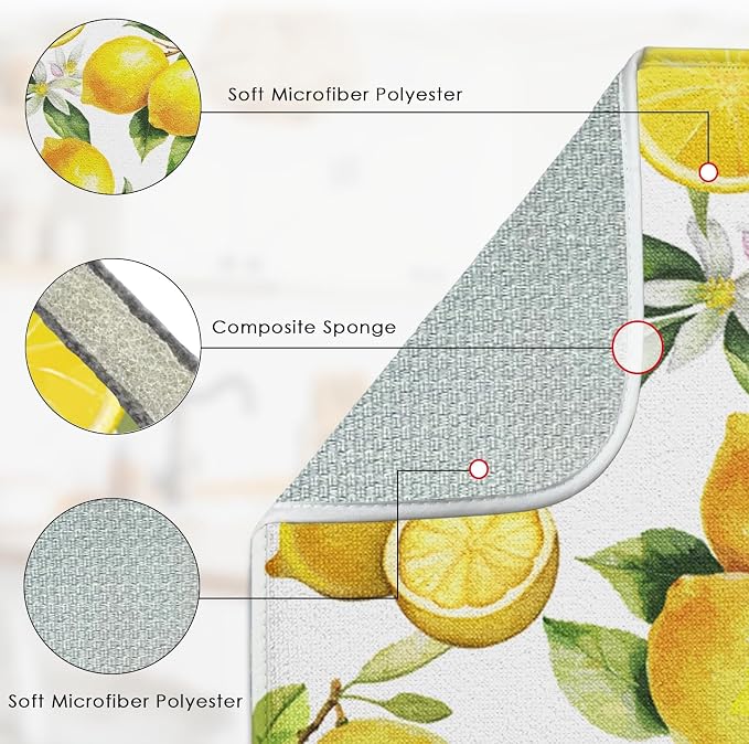 Sanwarm Absorbent Dish Drying Mat, Floral Lemon Fruits Vintage Microfiber Pad - Image 3