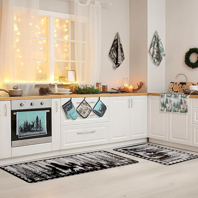 Fourluoo 10 Pcs Farmhouse Kitchen Decor Set Dish Towels Kitchen Rugs Oven Mitts - Image 2