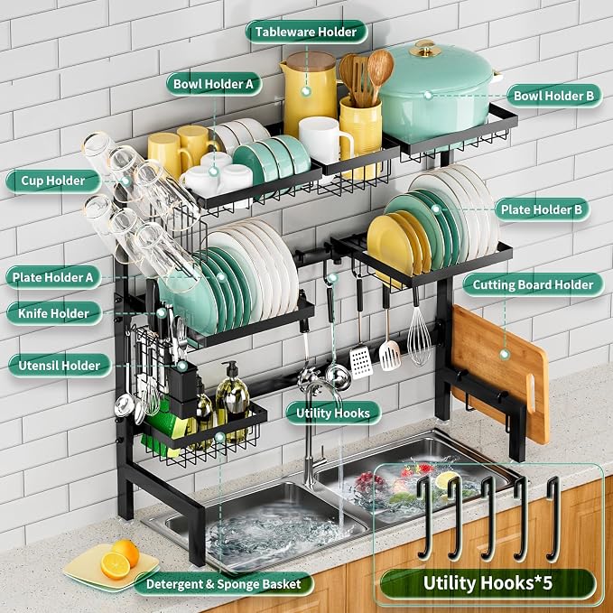 Over The Sink Dish Drying Rack, Expandable Length 3-Tier Large Stainless Steel - Image 2