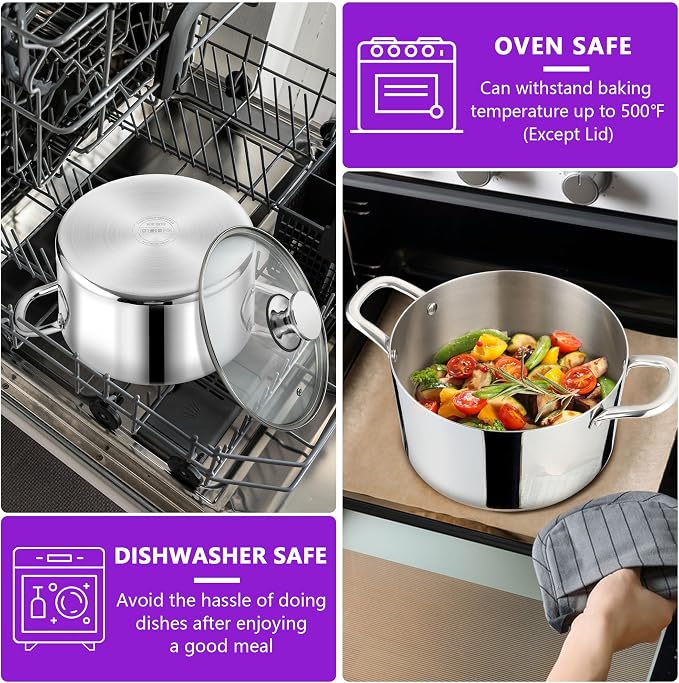 P&P CHEF 5 Quart Tri-Ply Stainless Steel Stock Pot, 5 Qt Stockpot Pasta Cooking - Image 7
