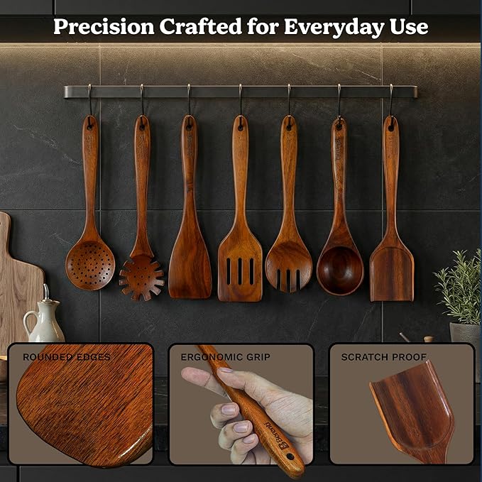 7Pcs Wooden Kitchen Utensil Set, Premium Natural Acacia Wood Cooking Utensils - Image 6