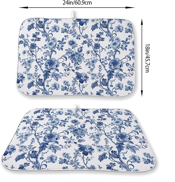Blue Floral Dish Drying Mat 18 x 24 Inch Vintage Navy Blue Floral Drying Mat - Image 3