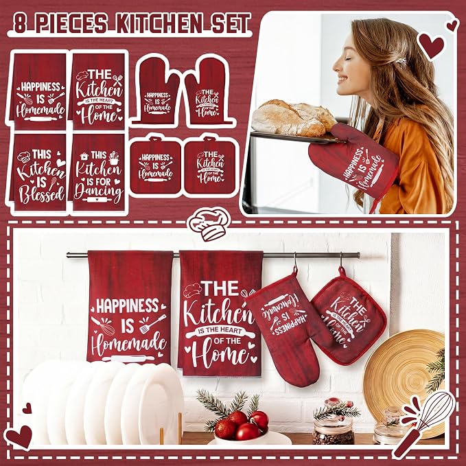 Leinuosen 8 Pcs Kitchen Towels and Oven Mitts Sets Pot Holders Dishcloths Set - Image 2