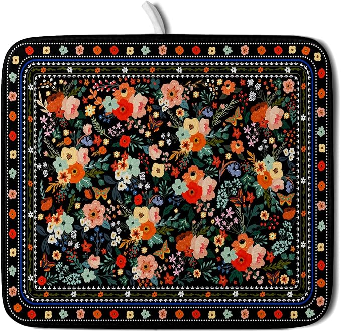 Black Flowers Dish Drying Pad Boho Floral Washable Microfiber Kitchen Mat by Giwawa