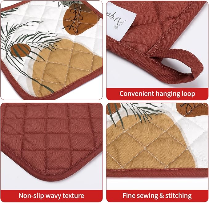 Boho Leaf Oven Mitts and Pot Holders Sets 4Pcs, 100% Cotton Heat Resistant - Image 3