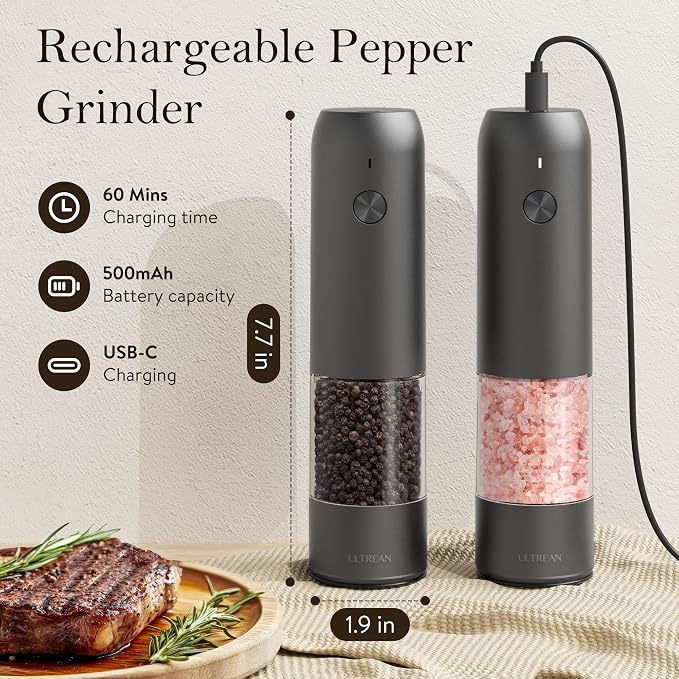 Ultrean Salt and Pepper Grinder Set, Rechargeable Salt and Pepper Shakers - Image 4