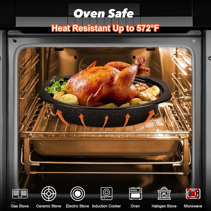 13” Roaster Pan with Lid and Rack, Small Enamel Roaster Pan with Oval Roasting - Image 3