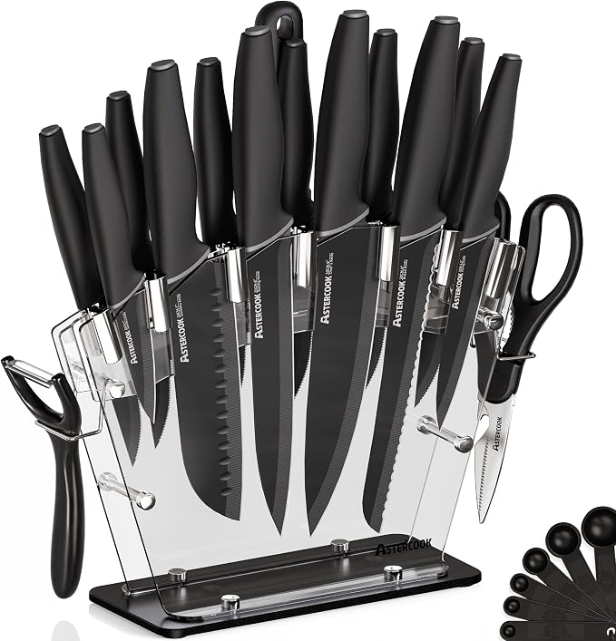Astercook Knife Set with Block and Sharpener, 22 Piece Kitchen Knife Set by Astercook