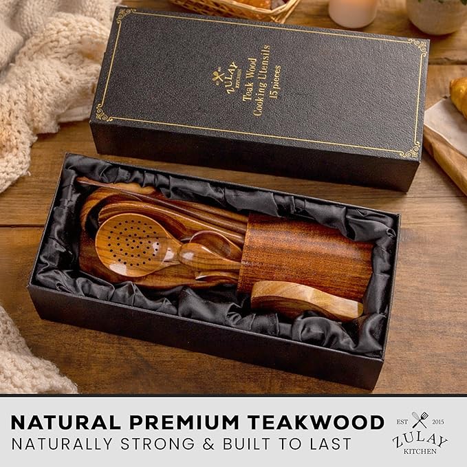 Zulay Kitchen 15-Piece Teak Wooden Utensils - Image 9