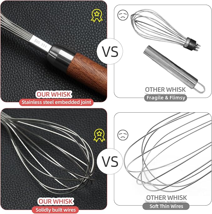 Whisk for Cooking, Stainless Steel Wire Wooden Handle Kitchen Multi Function - Image 3