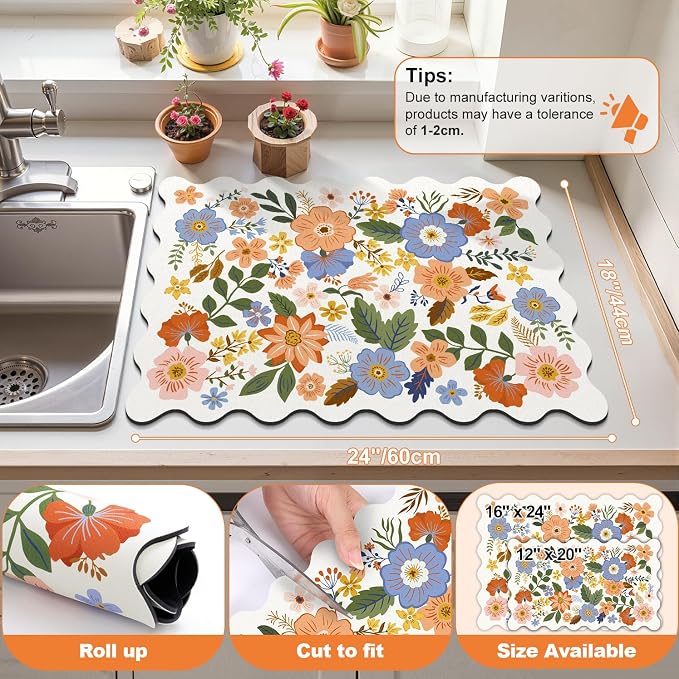 LOKHOM Scalloped Floral Dish Drying Mat, Cuttable Hide Stain Non-slip Drying Mat - Image 2