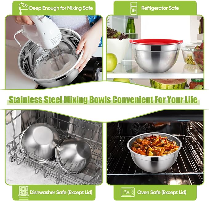 P&P CHEF Mixing Bowls with Airtight Lids Set of 5, 10-Piece Stainless Steel - Image 6
