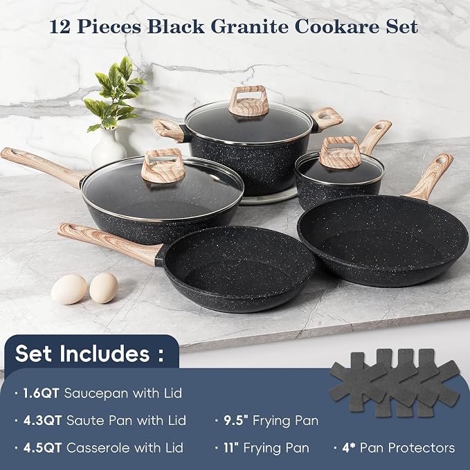 SODAY 12 Pcs Pots and Pans Set Non Stick, Cookware Sets Black Granite Induction - Image 3