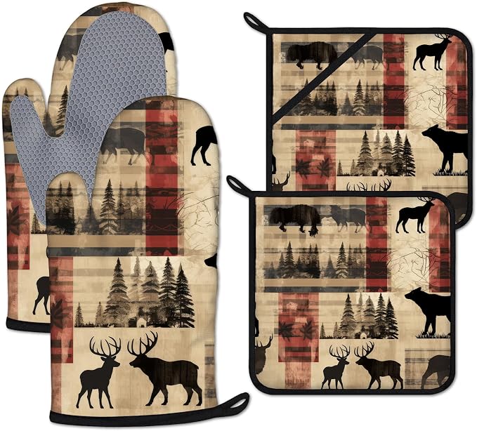 Deer and Bear Oven Mitts and Pot Holders Sets Heat Resistant 4Pcs Wild Animal by ANTJOO