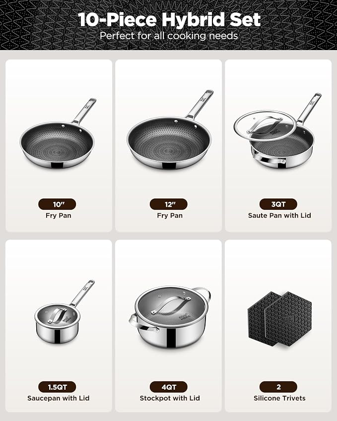 Pots and Pans Set Hybrid Stainless Steel, Dishwasher & Oven Safe, Metal Utensil - Image 2