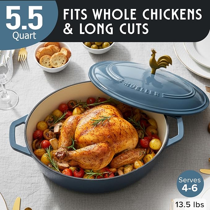 MUELLER HOME 5.5 Quart Enameled Cast Iron Oval Dutch Oven w Rooster Knob & - Image 3