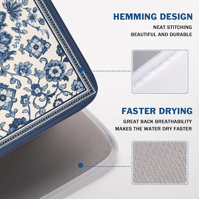 Blue Floral Dish Drying Mat for Kitchen Counter Vintage Flower Pattern - Image 3
