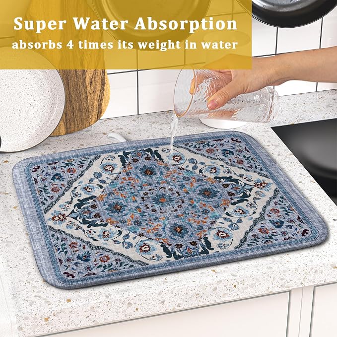 Boho Flower Dish Drying Mat Blue Bohemian Dishes Drainer Rack Mat 16x18 Inch - Image 7
