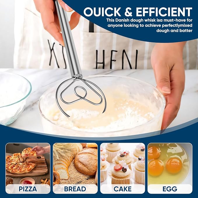 Danish Dough Whisk Stainless Steel Wooden Handle - Image 4