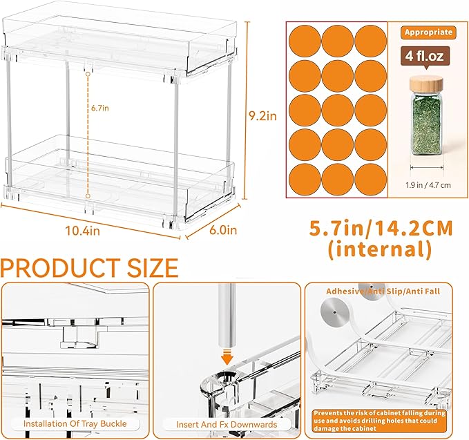 Yieach 2 Tier Vertical Spice Rack Pull Out, 10.4'' Deep Narrow Slide Out Spice - Image 3