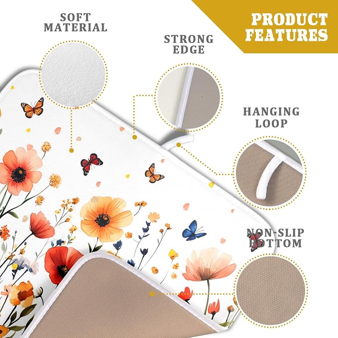 Poppy Flower Dish Drying Mat 16x18 Inch Floral Leaves Dish Drainer Protector - Image 4