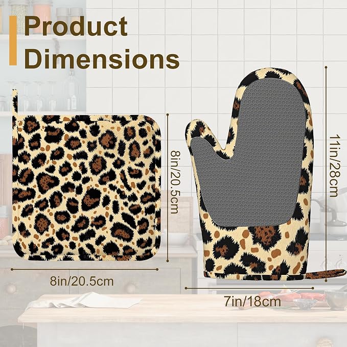 Leopard Print Oven Mitts and Pot Holders Sets of 4, Heat Resistant Silicone - Image 2