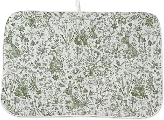 Spring Easter Dish Drying Mat 18 x 24 inch Green Rabbit Bunny Botanical Floral by AEIOAE