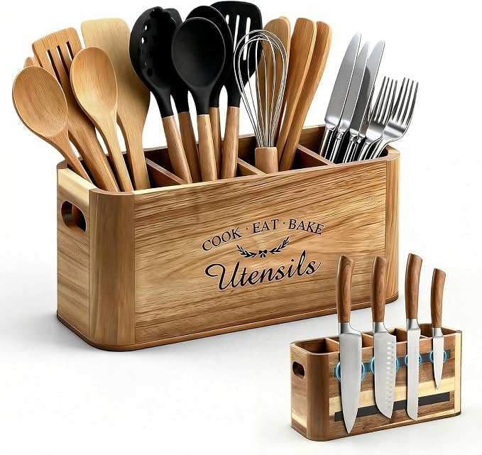 Acacia Wood Utensil Holder for Kitchen Countertop, Extra Large Wooden Utensil by Unknown
