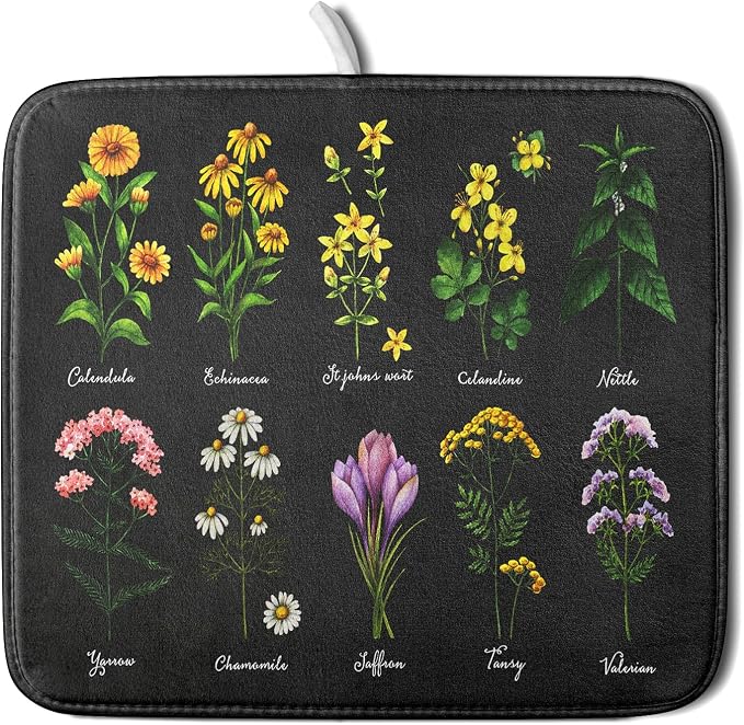 Black Flower Herbs Dish Drying Mat 16x18 Inch Botanical Floral Microfiber by Giwawa